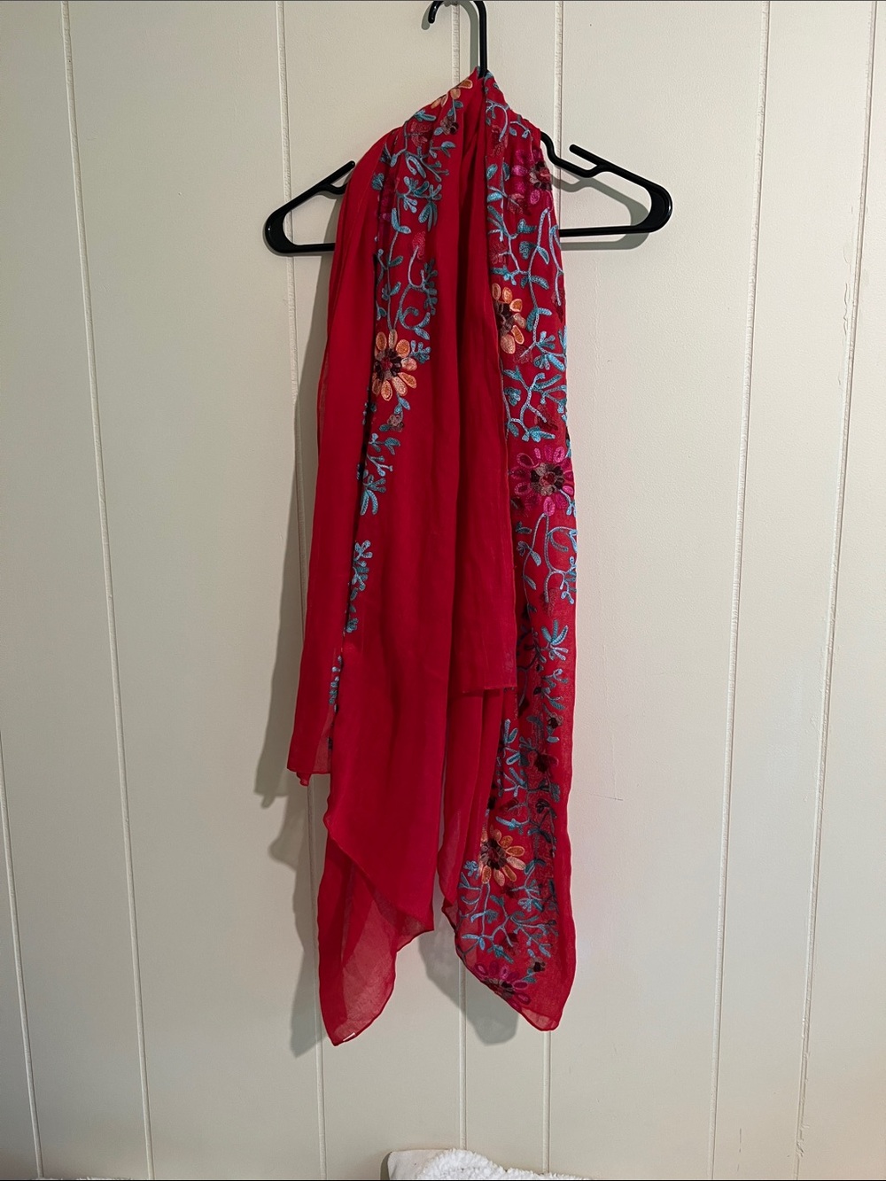 Red Floral Embroidered Scarf
